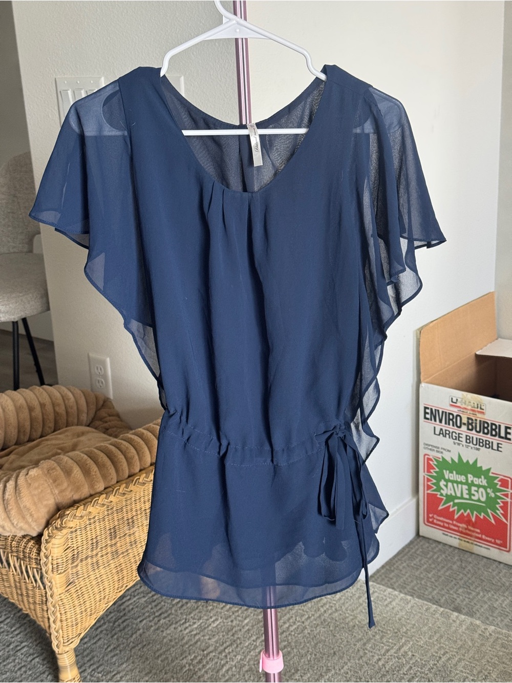 Navy Sheer Tie-Waist Blouse with Light Ruffles